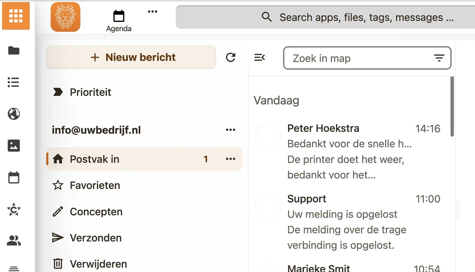 Postvak IN van een gedeelde postbus in de VIT Werkplek
